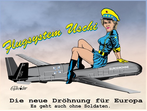 Cartoon: Kampfdrohne Uschi (medium) by ESchröder tagged kampfdrohne,eurodrohne,neuentwicklung,verteidigungsministerin,ursula,von,der,leyen,deutschland,italien,frankreich,10,jahre,entwicklungszeit,waffenfähigkeit,bundeswehr,soldaten