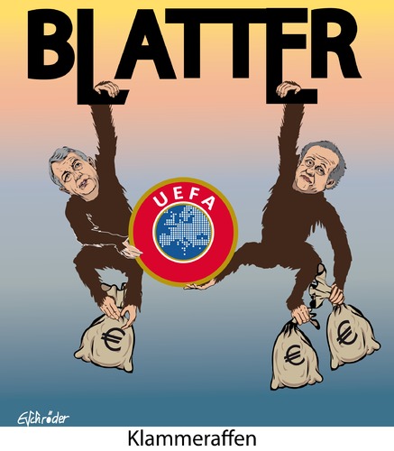 Cartoon: Klammeraffen (medium) by ESchröder tagged fifa,fußballfunktionäre,uefa,platini,niersbach,bestechungsgelder,provisionen,josef,blatter,korruption,wiederwahl,geldwäsche,new,york,times