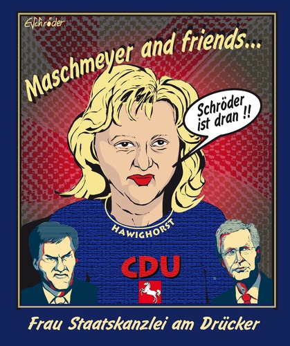 Cartoon: Maschmeyer and friends (medium) by ESchröder tagged niedersachsen,maschmeyer,schröder,wulff,exkanzler,bundespräsident,staatskanzlei,anzeigenspendengeld,kanzlerwahl,ermittlungen,cdu,spd,awd,gründer,schmiergeld,drücker