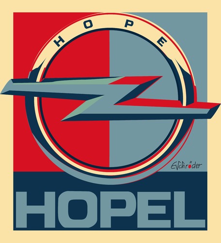 Cartoon: Opel-Hope (medium) by ESchröder tagged opel,autoproduktion,automobil,werbung,autokonzern,gm,verkauf,spekulation,trennung,übernahme,detroit,rüsselsheim,opelchef,stracke,hope,fairey