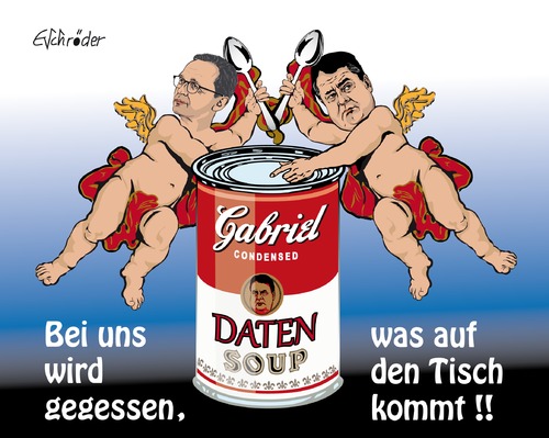 Cartoon: Parteidosenfutter (medium) by ESchröder tagged spd,sigmar,gabriel,parteichef,justizminister,heiko,maas,vorratsdatenspeicherung,vds,parteikonvent,suppe,auslöffeln,basta,andy,warhol,dosenfutter