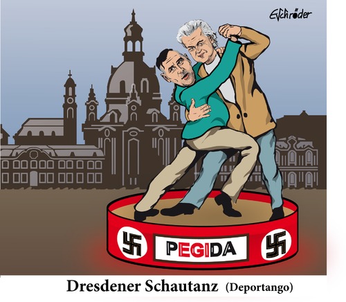Cartoon: Pegida Schautanz (medium) by ESchröder tagged pegida,bachmann,wilders,nazi,neonazi,fremdenhass,islamfeindlichkeit,ausländer,flüchtlingswohnheim,tröglitz,tange,deportation,groko,cdu,spd,dresden,sachsen,karikatur,eschröder