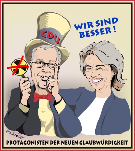 Cartoon: Protagonisten (medium) by ESchröder tagged partei,cdu,atom,energiewende,röttgen,von,der,leyen,glaubwürdigkeit