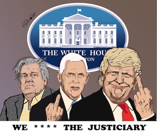 Cartoon: Trump  vs justiciary (medium) by ESchröder tagged trump,donald,usa,republikaner,präsident,politik,päsident,der,michael,pence,vizepräsident,steve,bannon,sicherheitsberater,justiz,rechtsprechung,richter,sogenannter,aufhebung,des,einreiseverbots