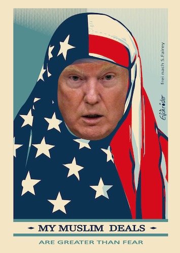 Cartoon: Trump dealer (medium) by ESchröder tagged trump,donald,usa,republikaner,präsident,politik,dealer,dollar,amtseinführung,45päsident,der,shepard,fairey,poster,stars,and,stripes,make,great,again,muslima