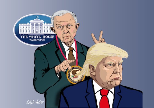 Cartoon: Trump Sessions (medium) by ESchröder tagged trump,donald,president,usa,jeff,sessions,justizminister,washington,white,house,ministerrücktrittsangebot,misstrauen,cartoon,eschröder