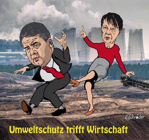 Cartoon: Umweltschutz (medium) by ESchröder tagged barbara,hendricks,umweltministerin,energiedebatte,klimaabgabe,umweltschutz,gabriel,energieminister,co,zwei,gewerkschafter,arbeitsplätze,konflikt,versagen