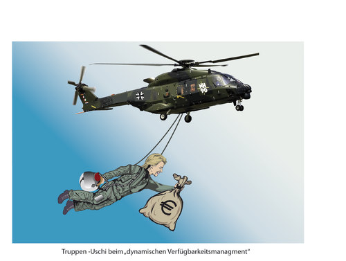 Cartoon: Uschi - dynamisch (medium) by ESchröder tagged verteidigungsministerin,ursula,von,der,leyen,rüstungsdeal,helikopter,nh,90,tiger,sea,lion,mehrkosten,heer,marine,luftwaffe,nrf,nato,responce,force,eingreiftruppe,dynamisches,verfügbarkeitsmanagment,bundeswehr