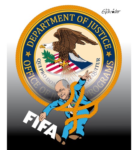 Cartoon: Verstrickt! (medium) by ESchröder tagged fifa,fußballfunktionäre,bestechungsgelder,provisionen,josef,blatter,korruption,wiederwahl,geldwäsche,new,york,times