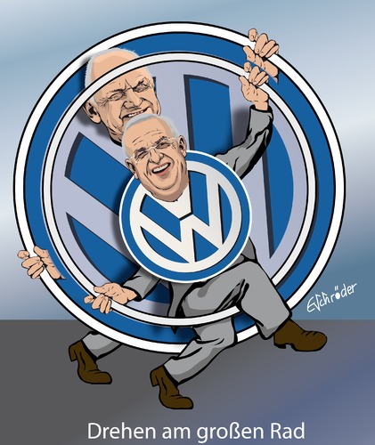 Cartoon: VW Piech Winterkorn 2 (medium) by ESchröder tagged vw,volkswagen,autokonzern,ferdinand,piech,patriarch,martin,winterkorn,managment,machtkampf,porsche,aufsichtsrat,sieger,großes,rad,drehen,lenken,karikatur,eschröder