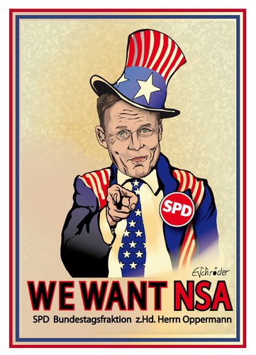 Cartoon: WE WANT NSA (medium) by ESchröder tagged nsa,spd,thomas,oppermann,fraktionschef,bundestag,uncle,sam,skandal,bnd