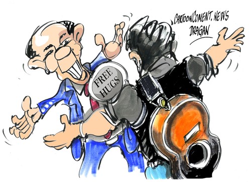 Cartoon: Barack Obama-Bruce Springsteen (medium) by Dragan tagged barack,obama,bruce,springsteen,abrazos,gratis,eeuu,campana,presidencial,politics,cartoon