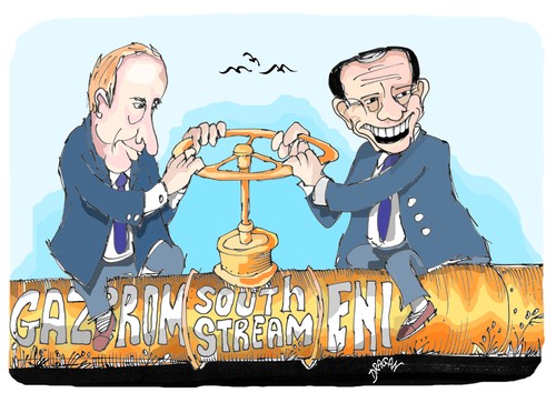Cartoon: Berlusconi-Putin (medium) by Dragan tagged vladimir,putin,silvio,berlusconi,gazprom,south,stream,eni,politics