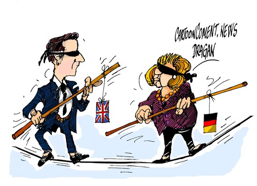 Cartoon: Cameron-Merkel-negociando (medium) by Dragan tagged david,cameron,inglaterra,alemania,ue,angela,merkel,politics,cartoon