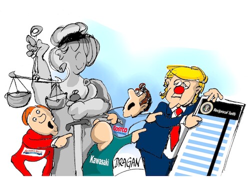 Cartoon: Donald Trump-aranceles (medium) by Dragan tagged donald,trump,aranceles,kawasaki,cosco,bumble,bee,foods