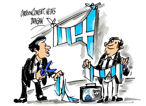 Cartoon: Grecia recortes (medium) by Dragan tagged grecia,fondo,monetario,internacional,fmi,banco,central,europeo,bce,union,europea,ue,recortes,cricis,politics,cartoon