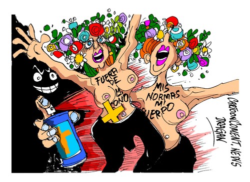 Cartoon: Madrid-Femen (medium) by Dragan tagged madrid,femen,movimiento,feminista,abortos,iglesia,catolica,relogion,cartoon