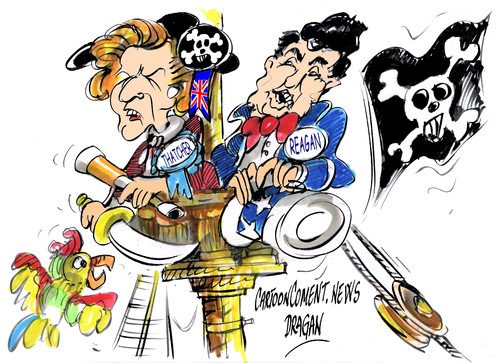 Cartoon: Margaret Thatcher-Ronald Reagan (medium) by Dragan tagged cartoon,politics,malvinas,gibraltar,reagan,ronald,thatcher,margaret