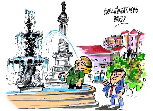 Cartoon: Merkel-Coelho-fuente pz Rossio (medium) by Dragan tagged passos,pedro,merkel,angela,portugal,alemania,rossio,plaza,la,de,coelhofuente,cartoon,politics,lisboa