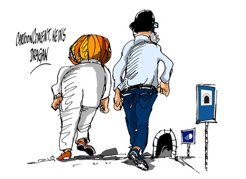 Cartoon: Merkel-Rajoy-Camino estrategico (medium) by Dragan tagged angela,merkel,mariano,rajoy,camino,de,santiago,consejo,europeo,bruselas,politics,cartoon