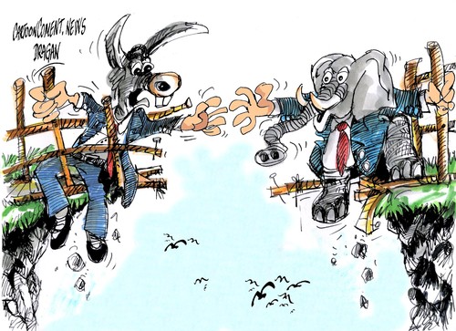 Cartoon: republicanos y democratas (medium) by Dragan tagged republicanos,democratas,senado,estados,unidos,barack,obama,abismo,fiscal,politics,cartoon