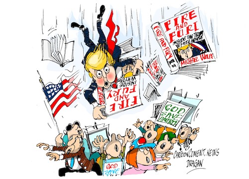 Cartoon: Trump-Fire and Fury (medium) by Dragan tagged donald,trump,fire,and,fury,micael,wolff