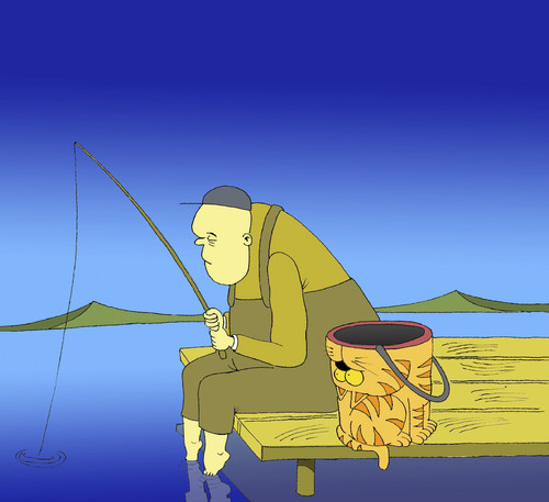 Cartoon: Cat and The Fisherman... (medium) by berk-olgun tagged cat,and,the,fisherman