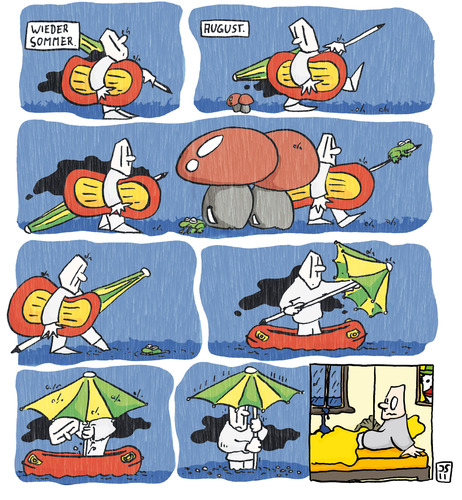Cartoon: Regnerischer August (medium) by jen-sch tagged trübsinn,nemo,little,boot,schlauchboot,sommer,unwetter,regenschauer,unglück,regen,pilz,august