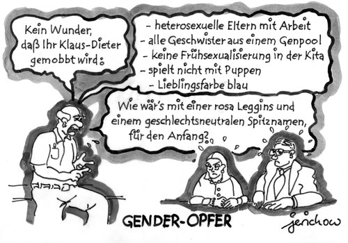 Cartoon: Genderopfer (medium) by jerichow tagged frauenpolitik,chancengleichheit,gleichberechtigung,gleichstellung,rassismus,rechtschreibung,ehegattensplitting,samenspende,leihmutter,homosexuell,homoehe,geschlechtsneutral,gleichmacherei,frühsexualisierung,gender,frühsexualisierung,gleichmacherei,geschlechtsneutral,homoehe,homosexuell,leihmutter,samenspende,ehegattensplitting,rechtschreibung,rassismus,gleichstellung,gleichberechtigung,chancengleichheit,frauenpolitik