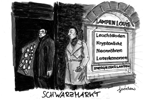 Cartoon: Schwarzmarkt 2012 (medium) by jerichow tagged energeieinsparung,umwelt,schwarzmarkt,energiesparlampe,glühbirne,euronorm,umweltschutz,satire,euronorm,glühbirne,energiesparlampe,schwarzmarkt,umwelt,energeieinsparung,birne,licht,sparen