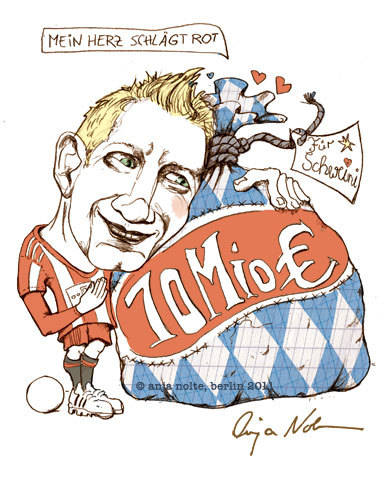 Cartoon: Schweinsteiger neuer Vertrag (medium) by Anja Nolte tagged bastian,schweinsteiger,fussball,fc,bayern,karikatur