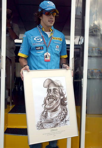 Cartoon: Alonso with my caricature (medium) by zsoldos tagged f1,alonso