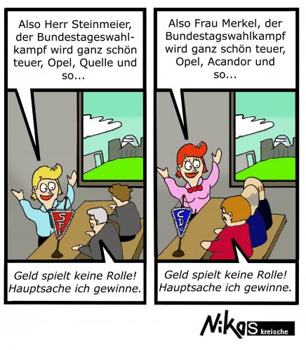 Cartoon: Merkel - Steinmeier (medium) by Nk tagged merkel,steinmeier,wahlkampf,spd,cdu,opel,acandor,parteien