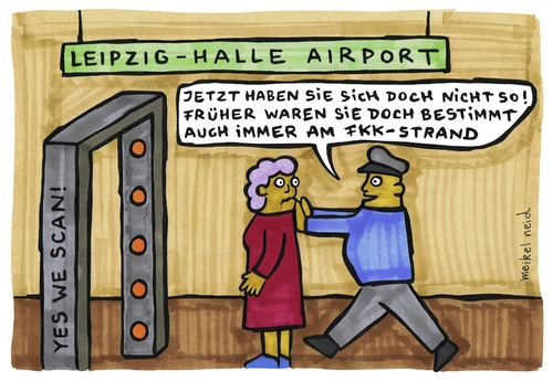 Cartoon: fkk-scanner (medium) by meikel neid tagged nacktscanner,bodyscanner,scanner,flughafen,sicherheit,fkk