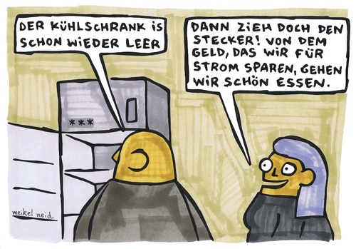 Cartoon: kühlschrank leer (medium) by meikel neid tagged kühlschrank,essen,strom,sparen,geld,arm,armut