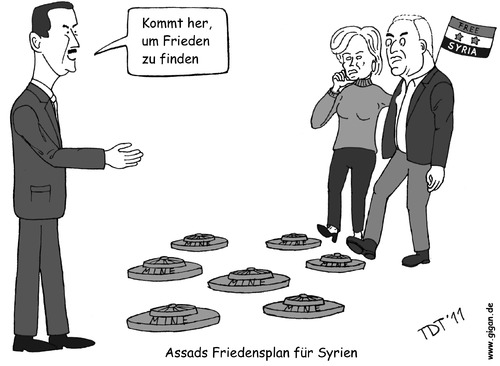 Cartoon: Assads Friedensplan für Syrien (medium) by TDT tagged assad,syrien,arabische,liga,opposition,nationalrat,revolution,atassi,ghalioun,friedensplan