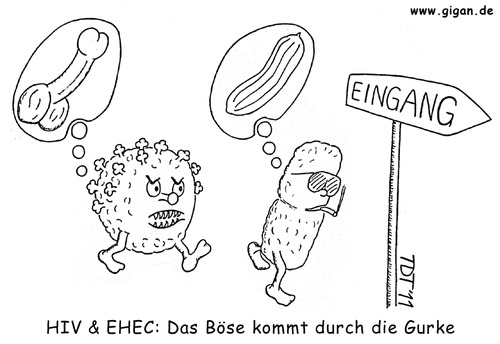 Cartoon: Das Böse kommt durch die Gurke (medium) by TDT tagged ansteckung,bakterien,viren,infektion,krankheit,aids,hiv,gurke,hus,ehec