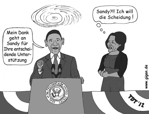 Cartoon: Sandy Obama (medium) by TDT tagged barack,obama,michelle,sandy,präsidentschaftswahl,usa,präsident,hurricane,sturm,new,york,wahl