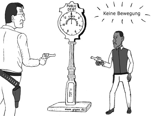 Cartoon: Showdown in Washington (medium) by TDT tagged usa,schulden,schuldengrenze,obama,eric,cantor,western,insolvenz,pleite,dollar,republikaner,demokraten