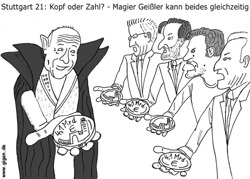 Cartoon: Stuttgart21 - Kopf oder Zahl? (medium) by TDT tagged stuttgart,21,stuttgart21,geißler,kretschmann,rockenbach,ramsauer,kefer,deutsche,bahn,bahnhof,kopfbahnhof,milliardengrab,schlichtung,stresstest