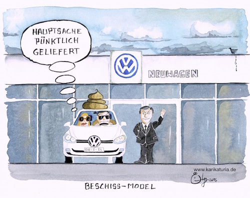 Cartoon: Abgasskandal (medium) by Bernd Ötjen tagged entschädigung,abgasetest,manipulationsoftware,abgasskandal,volkswagen,vw,model,beschiss,lieferung,hauptsache,egal,pünktlich,neuwagen,diesel,turbo,clean,seat,passat,golf