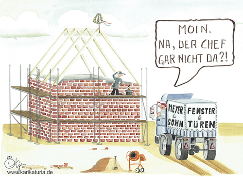 Cartoon: Der Maurerlehrling... (medium) by Bernd Ötjen tagged maurer,maurerlehrling,haus,neubau,verblendet,schnell,arbeiten,alleine,chef,mischmaschine,schippe,lkw,lieferant,fenster,tür,türen,vergessen,gerüst,baugerüst,dachstuhl,richtfest,krone,baustoffhandel