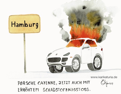 Cartoon: Ermittlungen gegen Porsche (medium) by Bernd Ötjen tagged ermittlungen,porsche,cayenne,abgas,skandal,volkswagen,manipulation,diesel,fahrzeug,betrug,audi,motor,abgaswerte,hamburg,zerstörung,brandstiftung,g20,schaden,schwarzer,block,polizei