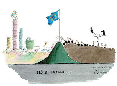 Cartoon: Flüchtlingswelle (medium) by Bernd Ötjen tagged außengrenzen,frontex,kontingente,mittelmeerroute,obergrenze,regierungsprogramm,union,flüchtlinge,flüchtlingswelle,damm,eu,europa,afrika,mittelmeer,schleppern,anschläge,terroristen,opfer,schlauchboote