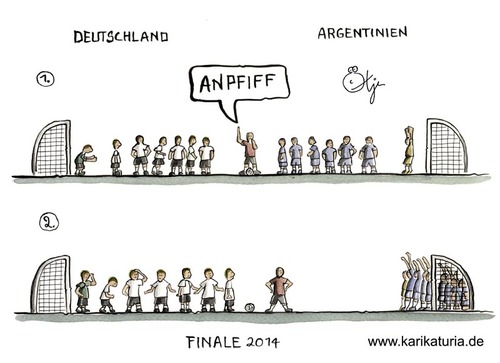 Cartoon: Fussball WM Finale (medium) by Bernd Ötjen tagged hummels,schweinsteiger,neuner,anpfeifen,argentinien,deutschland,schiedsrichter,spieler,anpfiff,tor,2014,finale,wm,fussball,brasilien