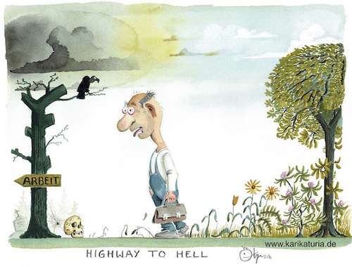 Cartoon: Highway to hell (medium) by Bernd Ötjen tagged arbeitstweg,psychische,belastungen,befristete,arbeitsstellen,leiharbeit,minijob,unsicheren,job,gehetzt,spürbare,verdichtung,arbeit,herz,kreislauf,problemen,fehlzeiten,trend,psychisch,gesundheitsreport,muskel,skelett,erkrankungen,rückenleiden,krankenstand,studie,krankenkasse,dak,aok,bkk,menschen,niedersachsen,melden,häufiger,krank