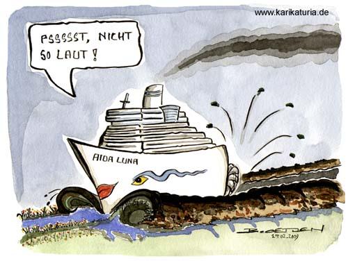 Cartoon: Kreuzfahrtschiff Aida Luna (medium) by Bernd Ötjen tagged vogel,natur,ems,papenburg,wasser,ostfriesland,vogelschutzrichtlinien,kreuzfahrtschiff,meyer,werft,überführung,musik,spielen