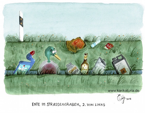 Cartoon: Müllentsorgung to go (medium) by Bernd Ötjen tagged autofahrer,umweltverschmutzung,tiere,straße,ente,plastik,flasche,blech,eimer,öldose,kanister,straßengraben,abfallwirtschaft,müll,to,go,müllsünder,papierfetzen,plastiktüten,pappbecher,aludosen,autoreifen,reste,altpapier,flaschen,fastfood,verpackungen,müllkippe,straßenrand,umweltsünder