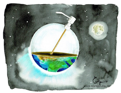 Cartoon: Seifenspender (medium) by Bernd Ötjen tagged seifenspender,erde,planet,umwelt,raubbau,mond,natur,ende,umweltschutz,meeresspiegel,öl,kohle,windkraft,unwetter,klimawandel