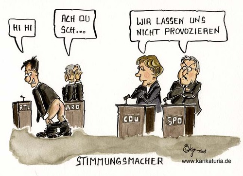 Cartoon: Stimmungsmacher (medium) by Bernd Ötjen tagged stimmungsmacher,spd,cdu,tv,duell,langeweile,frank,walter,steinmeier,angela,merkel,zdf,rtl,ard,studio,schlafen,quoten,provozieren